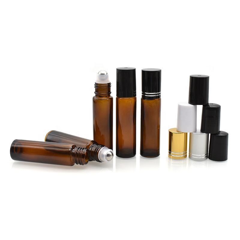 hot sale amber 10 ml roll on bottles with metal glass roller ball plastic screw cap for essential oil perfume cosmetic