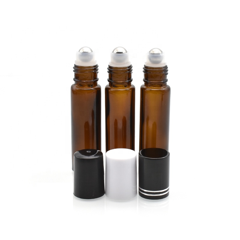 hot sale amber 10 ml roll on bottles with metal glass roller ball plastic screw cap for essential oil perfume cosmetic