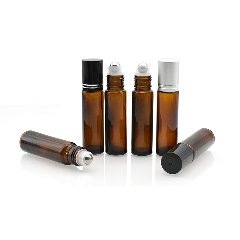 hot sale amber 10 ml roll on bottles with metal glass roller ball plastic screw cap for essential oil perfume cosmetic