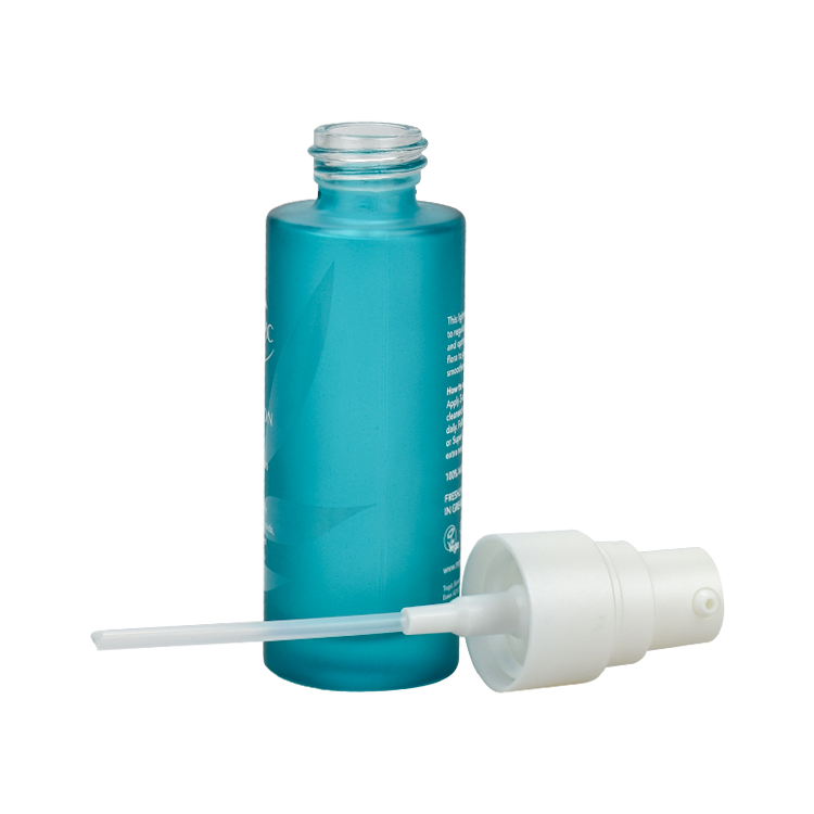 hot sale cosmetic packaging fancy flat shoulder frosted lake blue cylinder lotion bottle glass with clear cap
