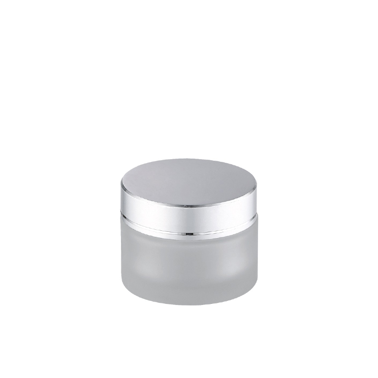 hot sale cosmetic packaging straight shoulder frosted 30g  glass cosmetic jar with shiny silver lid