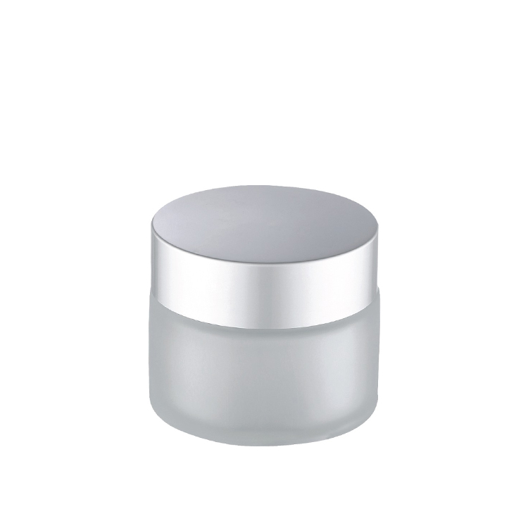 hot sale cosmetic packaging straight shoulder frosted 30g glass cosmetic jar with shiny silver lid