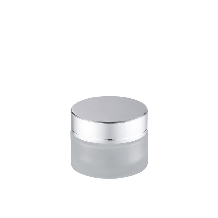hot sale cosmetic packaging straight shoulder frosted 30g glass cosmetic jar with shiny silver lid