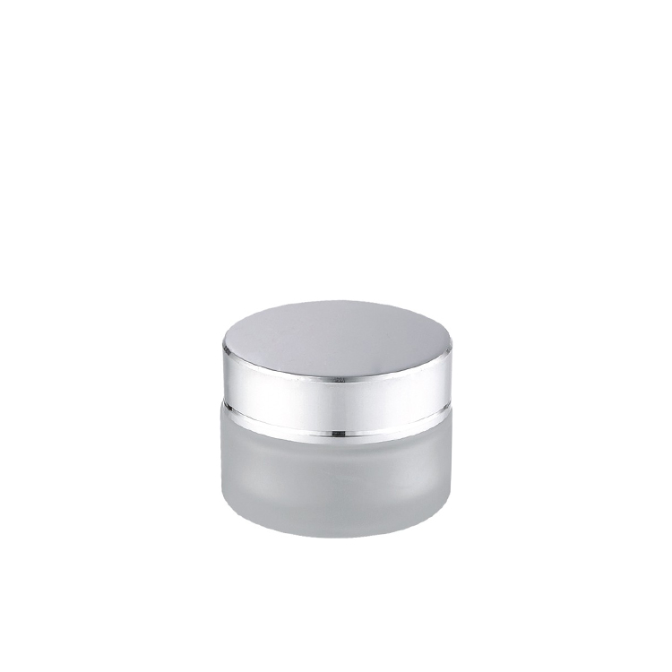 hot sale cosmetic packaging straight shoulder frosted 30g glass cosmetic jar with shiny silver lid