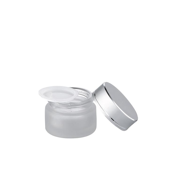 hot sale cosmetic packaging straight shoulder frosted 30g glass cosmetic jar with shiny silver lid