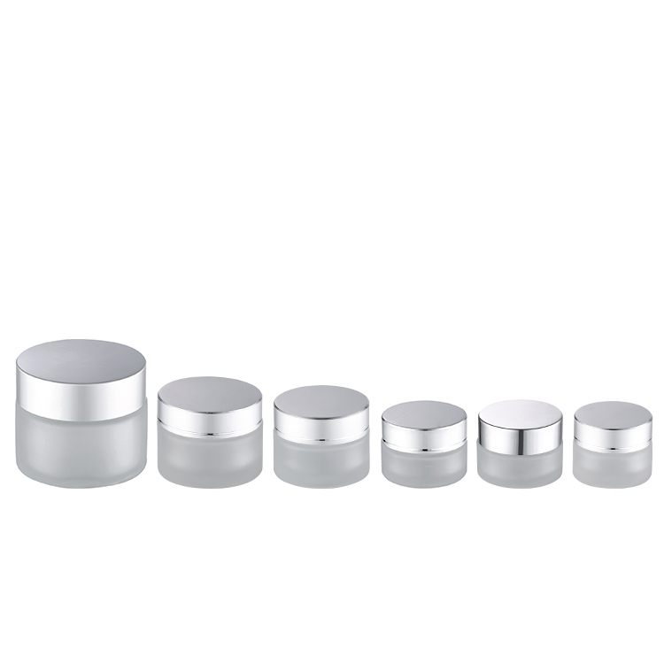 hot sale cosmetic packaging straight shoulder frosted 30g glass cosmetic jar with shiny silver lid