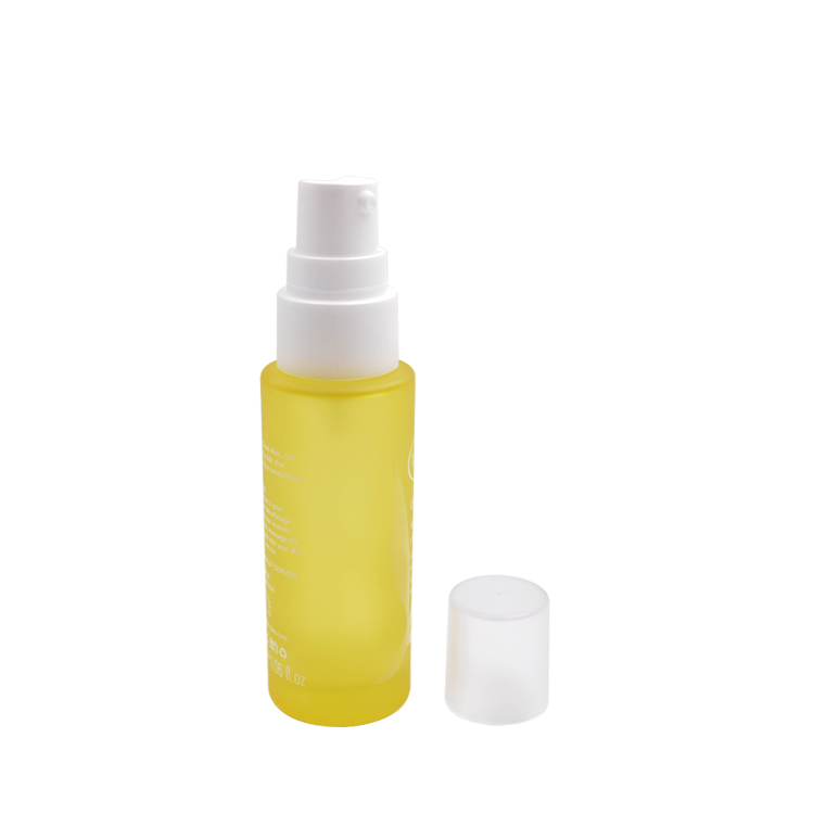 hot sale costom unique printing 30ml yellow flat shoulder bvodka body lotion  pumps glass bottle with white top