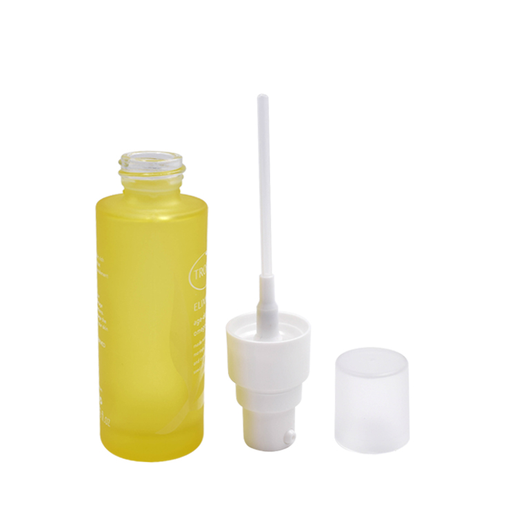 hot sale costom unique printing 30ml yellow flat shoulder bvodka body lotion pumps glass bottle with white top