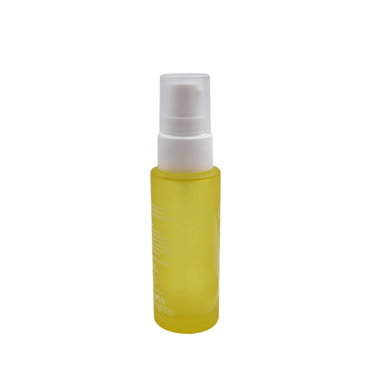 hot sale costom unique printing 30ml yellow flat shoulder bvodka body lotion pumps glass bottle with white top