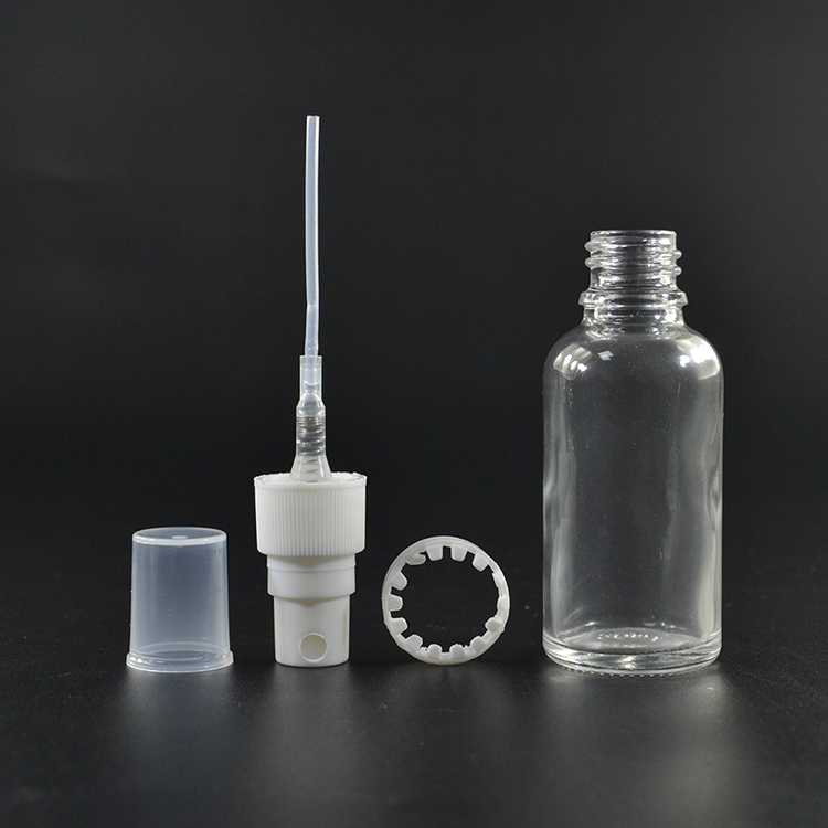 hot sale e liquid e juice e-cig empty clear 30ml glass bottle with plastic pump sprayer