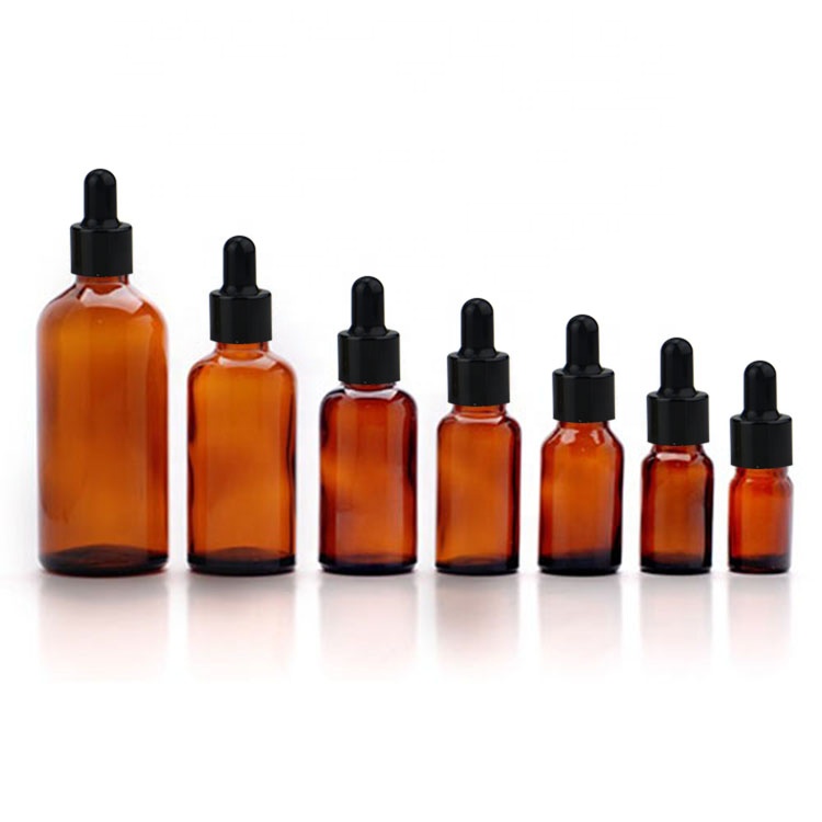 hot sale empty  10ml 20ml 30ml 60ml aluminium cap glass bottle  massage oil bottle black screw cap with dropper