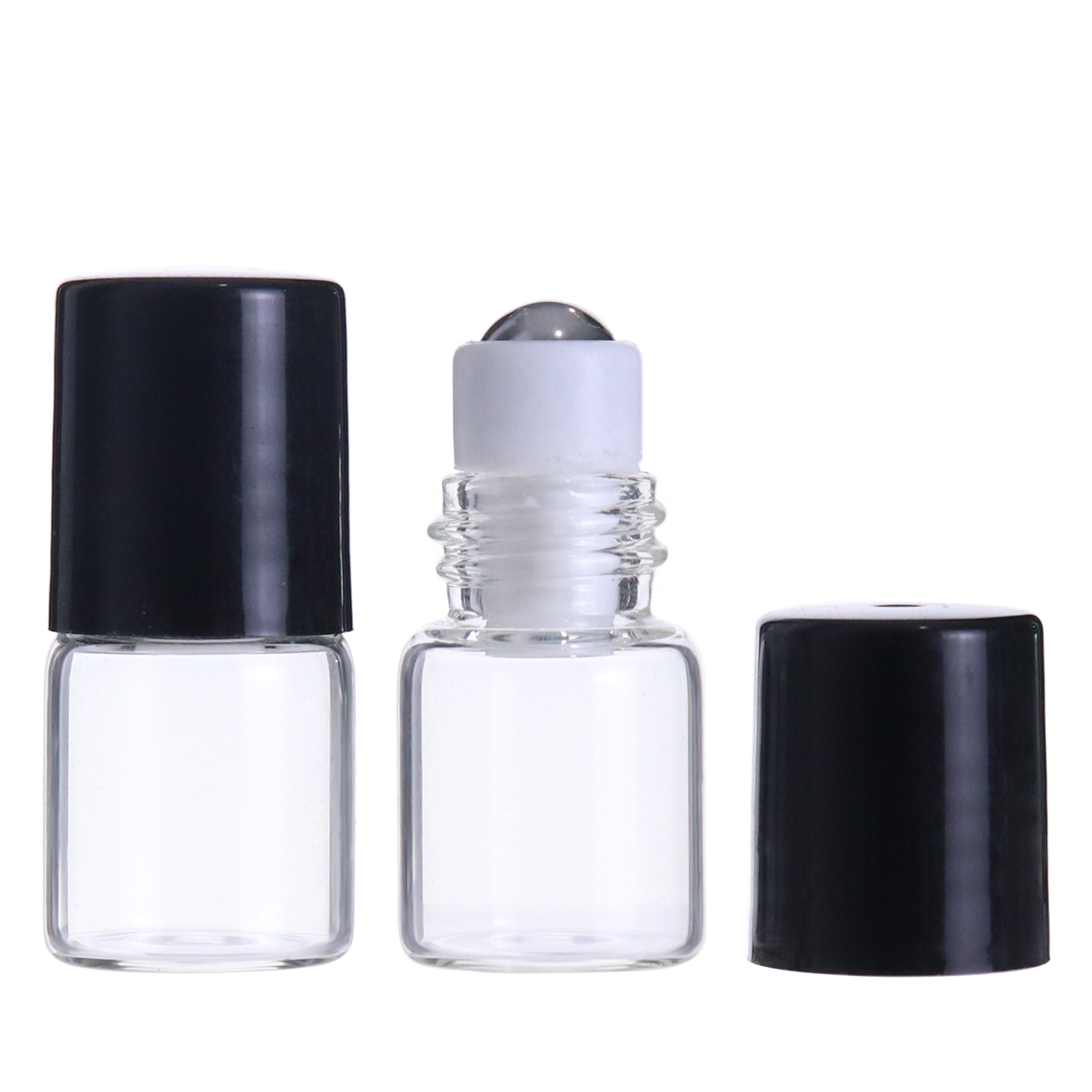 hot sale empty amber clear 1ml 2ml 3ml 5ml glass roll on bottle for essential oil bottle black lid