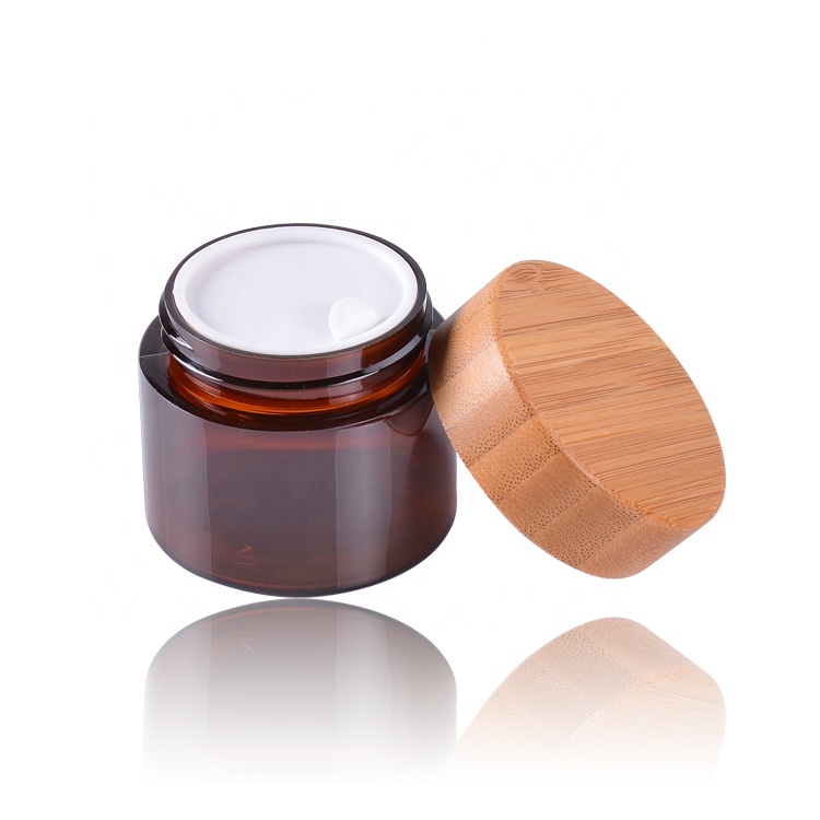 hot sale empty cosmetic jar bamboo lid nature organic facial mask pet 50g amber jar bamboo lid