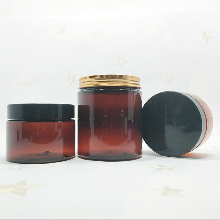hot sale empty large cosmetic cream hair gel food container amber plastic jar with black screw lid