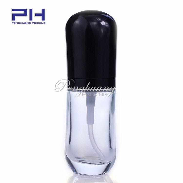 hot sale empty pill shape 30ml makeup liquid foundation glass bottle with black pump and cap
