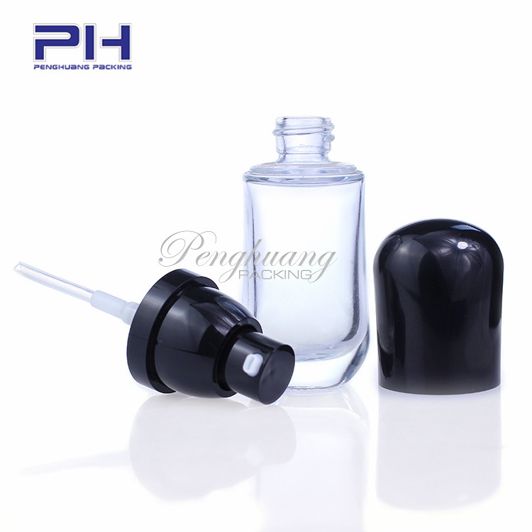 hot sale empty pill shape 30ml makeup liquid foundation glass bottle with black pump and cap