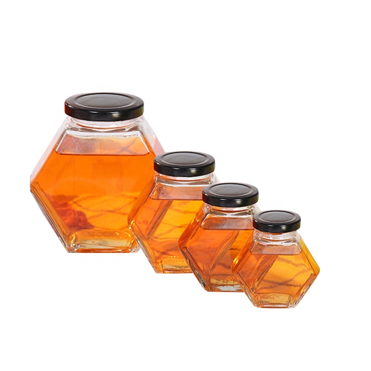 hot-sale hexagon honey jar glass storage jar glass jar with metal lid