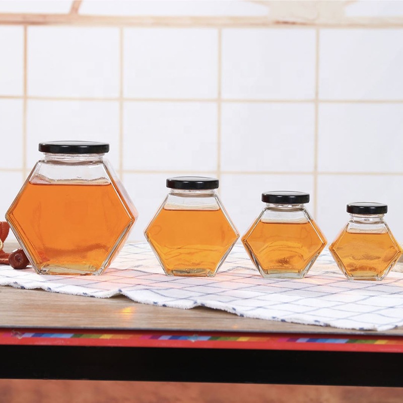 hot-sale hexagon honey jar glass storage jar glass jar with metal lid
