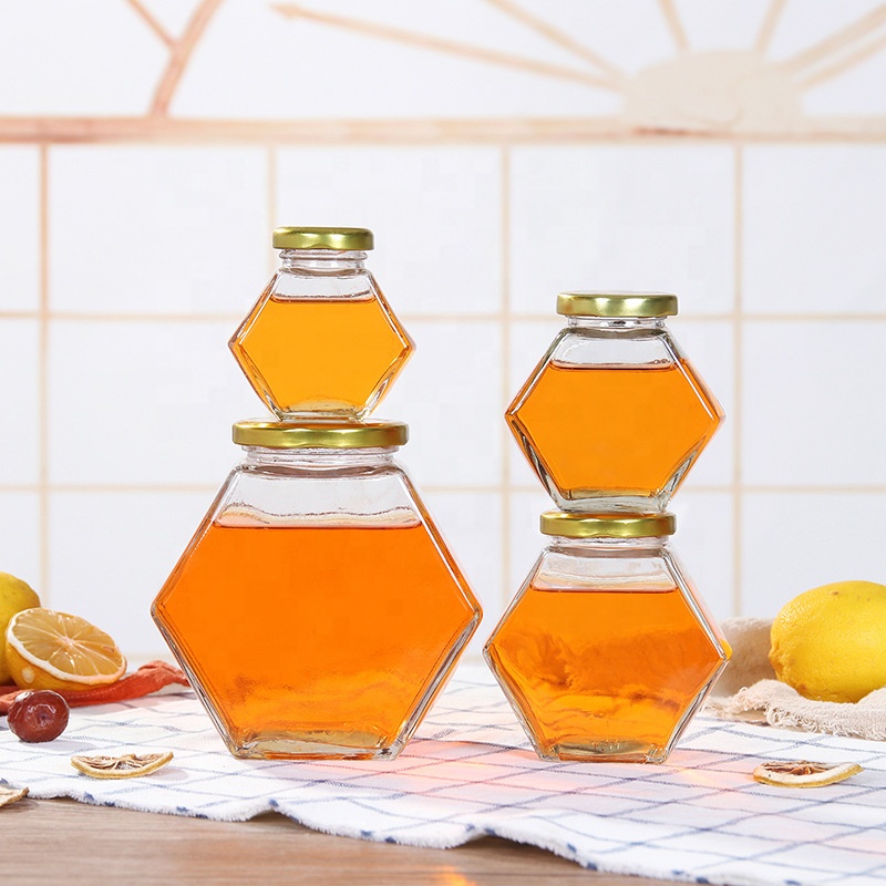 hot-sale hexagon honey jar glass storage jar glass jar with metal lid