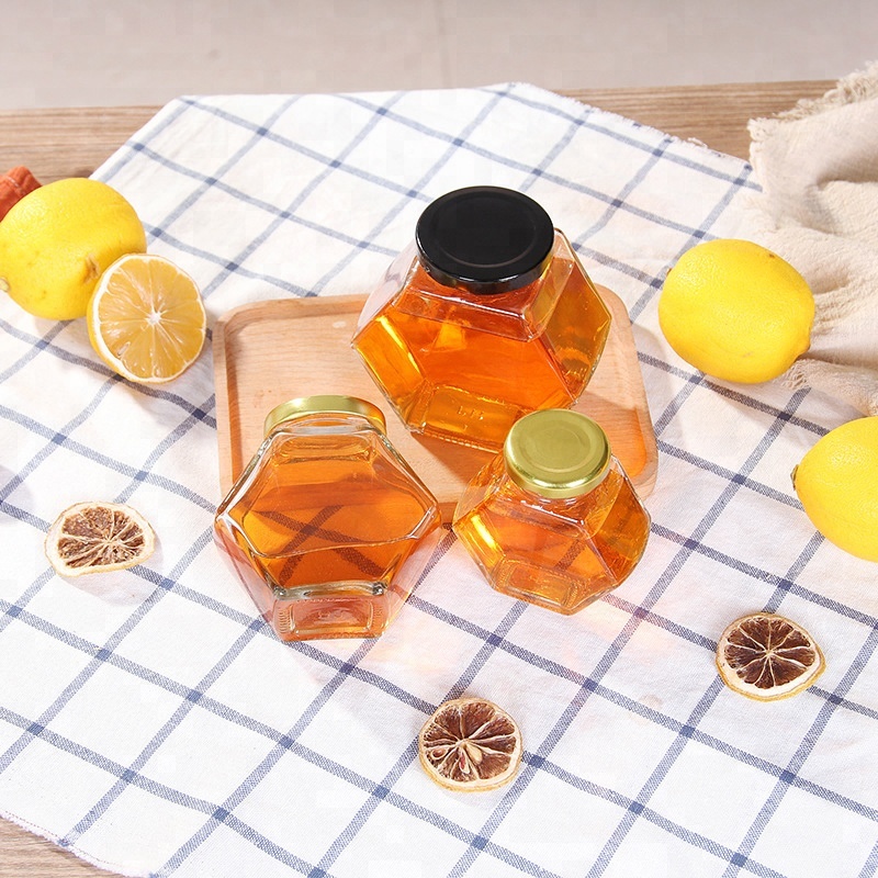 hot-sale hexagon honey jar glass storage jar glass jar with metal lid