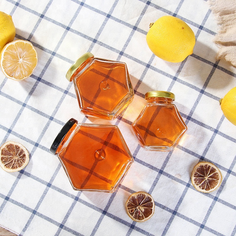 hot-sale hexagon honey jar glass storage jar glass jar with metal lid