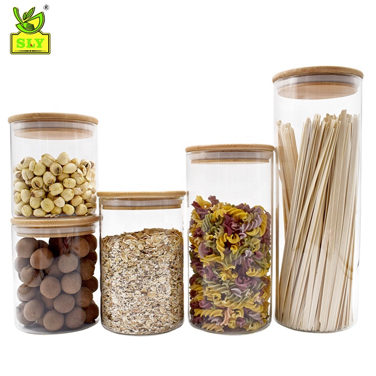 hot sale pantry storage set round shape   high borosilicate glass jar with wood cover