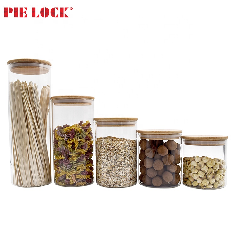 hot sale pantry storage set round shape high borosilicate glass jar with wood cover