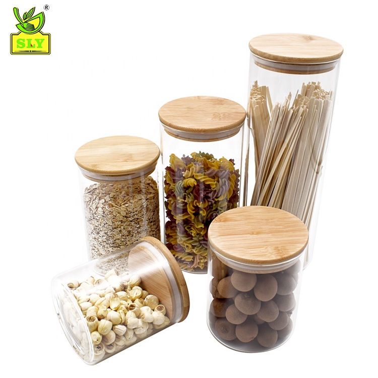 hot sale pantry storage set round shape high borosilicate glass jar with wood cover