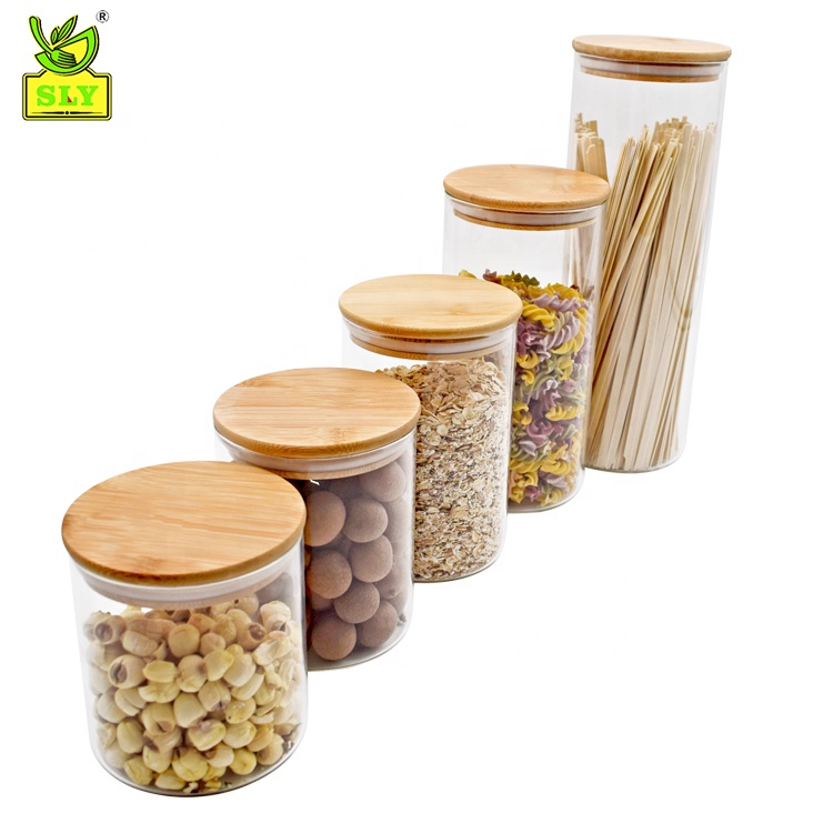 hot sale pantry storage set round shape high borosilicate glass jar with wood cover