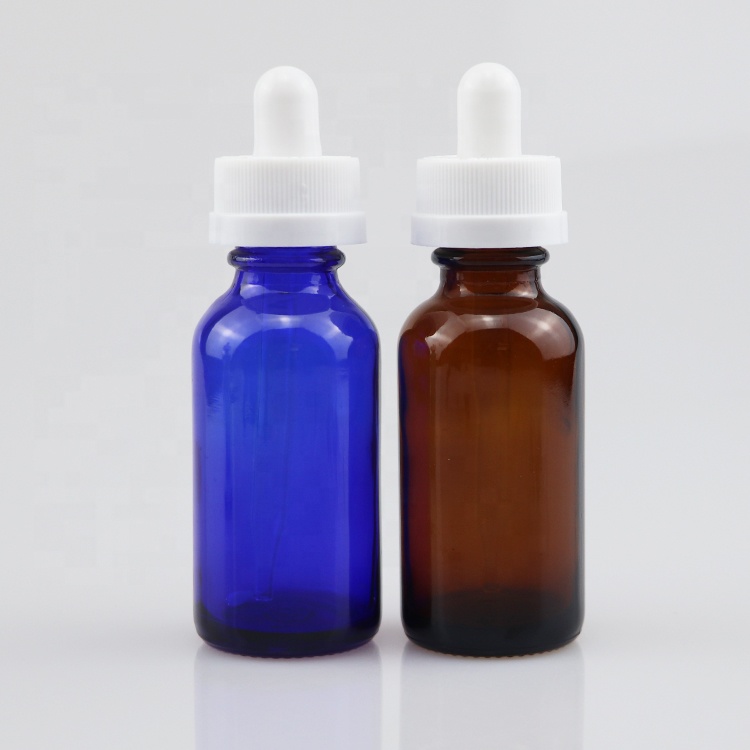 hot sale portable glass essential oil boston round bottle blue empty bottle with dropper 1oz 2oz 4oz