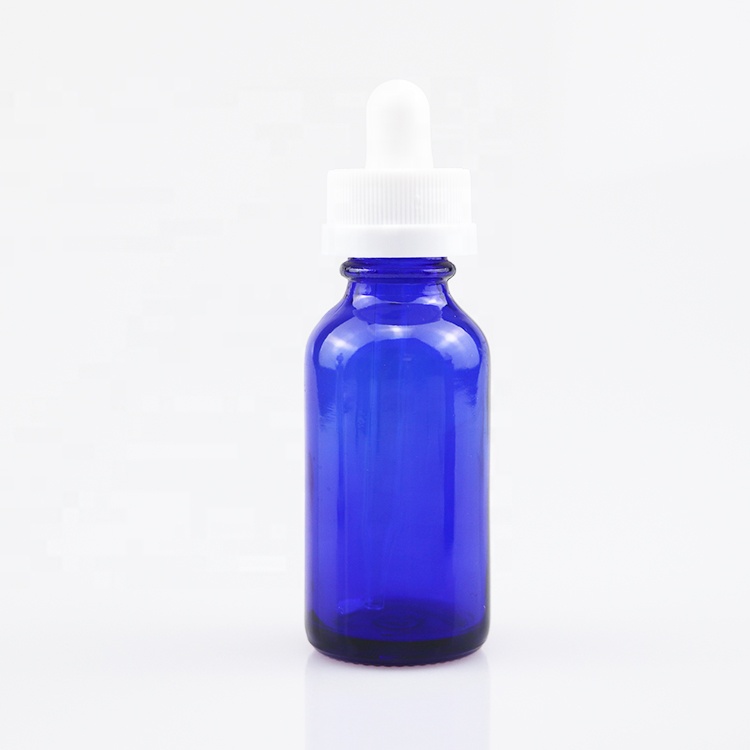 hot sale portable glass essential oil boston round bottle blue empty bottle with dropper 1oz 2oz 4oz