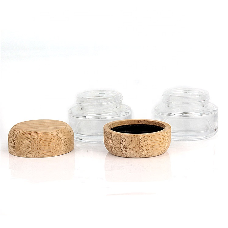 hot sale skin care luxury 25ml clear round bamboo lid glass face cream cosmetic containers