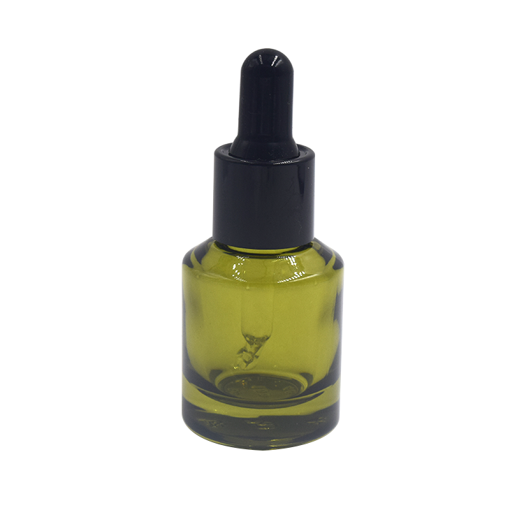 hot sale unique slant shoulder round 15ml 30ml clear oliver green color glass dropper bottle for oil  with black metal collar