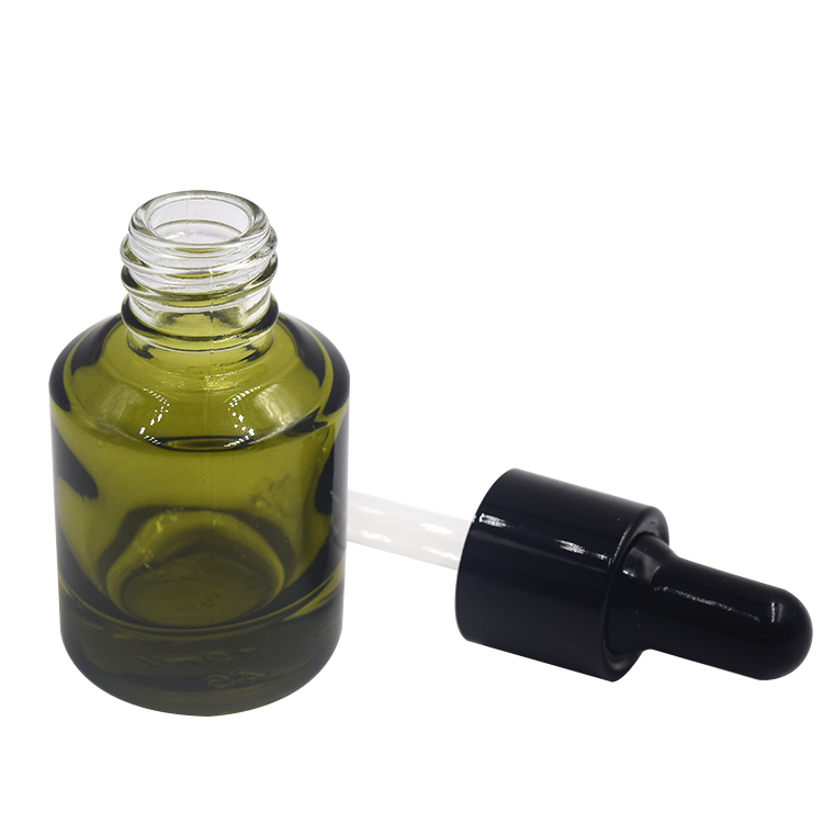 hot sale unique slant shoulder round 15ml 30ml clear oliver green color glass dropper bottle for oil with black metal collar