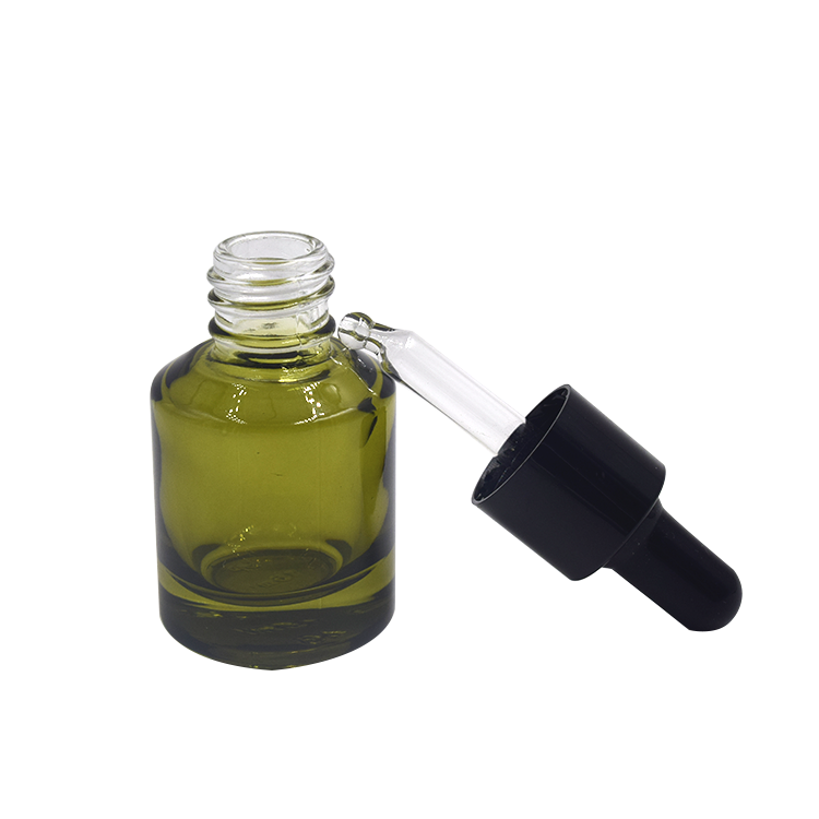 hot sale unique slant shoulder round 15ml 30ml clear oliver green color glass dropper bottle for oil with black metal collar
