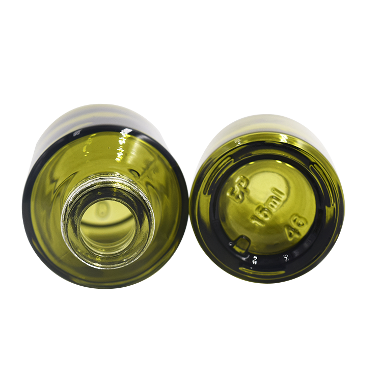 hot sale unique slant shoulder round 15ml 30ml clear oliver green color glass dropper bottle for oil with black metal collar