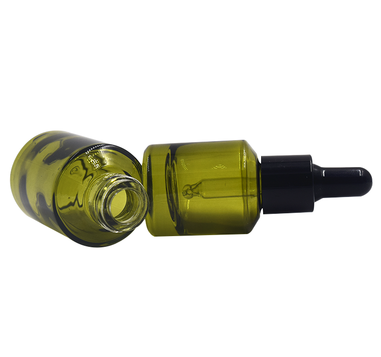 hot sale unique slant shoulder round 15ml 30ml clear oliver green color glass dropper bottle for oil with black metal collar