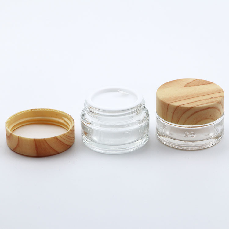 hot sale whole sets clear frosted glass cream jar with bamboo grain lid glass bottle for lotion cosmetic packaging