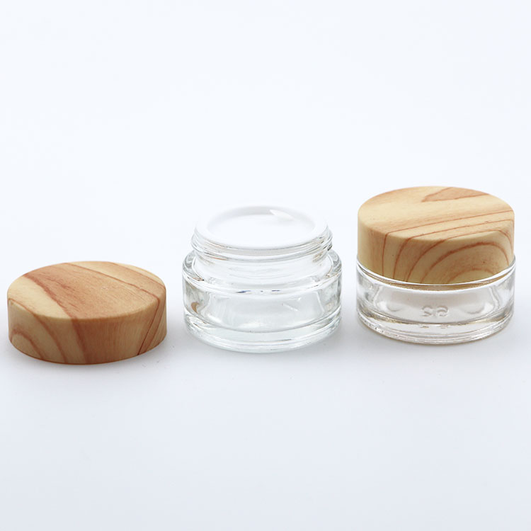 hot sale whole sets clear frosted glass cream jar with bamboo grain lid glass bottle for lotion cosmetic packaging