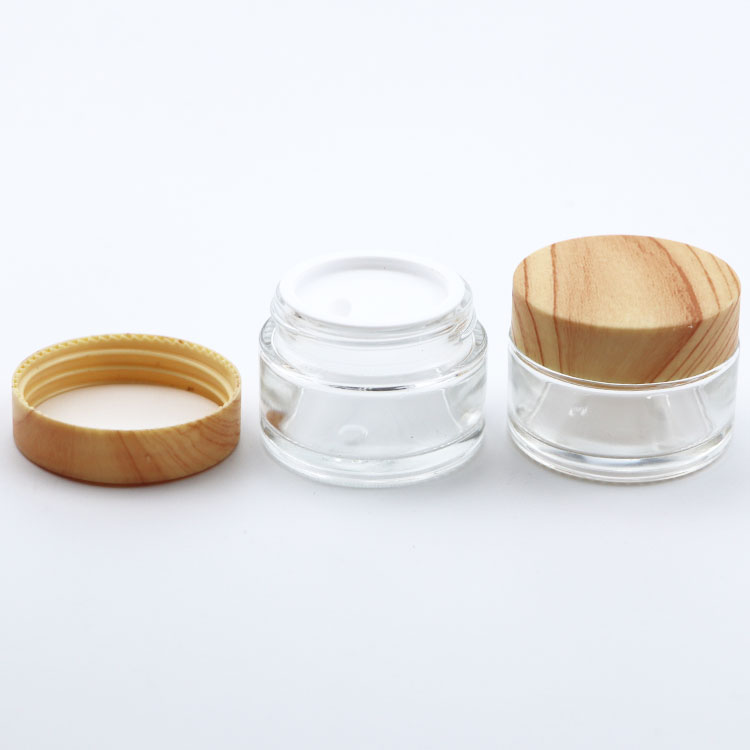 hot sale whole sets clear frosted glass cream jar with bamboo grain lid glass bottle for lotion cosmetic packaging