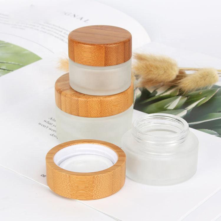 hot sales 30g 50g 100g bamboo glass cream jar cosmetic packaging with bamboo lid