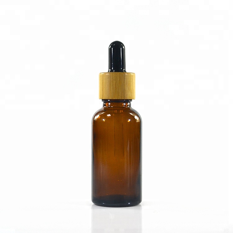 hot sales 30ml amber essential oil glass dropper bottle with bamboo lid