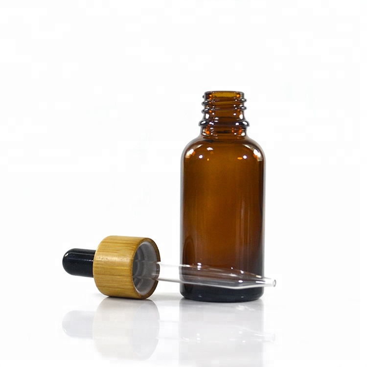 hot sales 30ml amber essential oil glass dropper bottle with bamboo lid