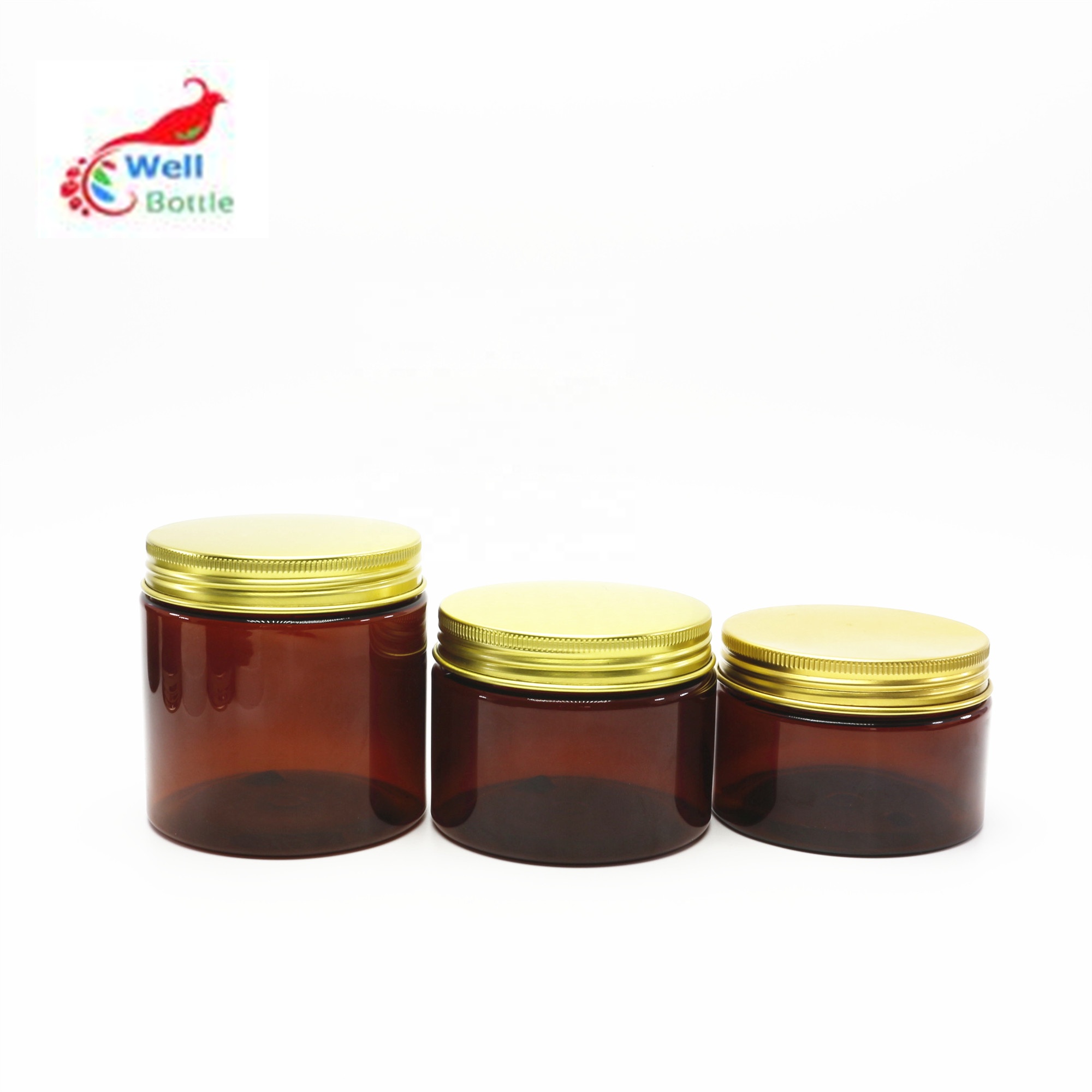 hot seal 100ml 120 ml, 150ml amber PET jar with gold aluminium lids in stock PL-33K