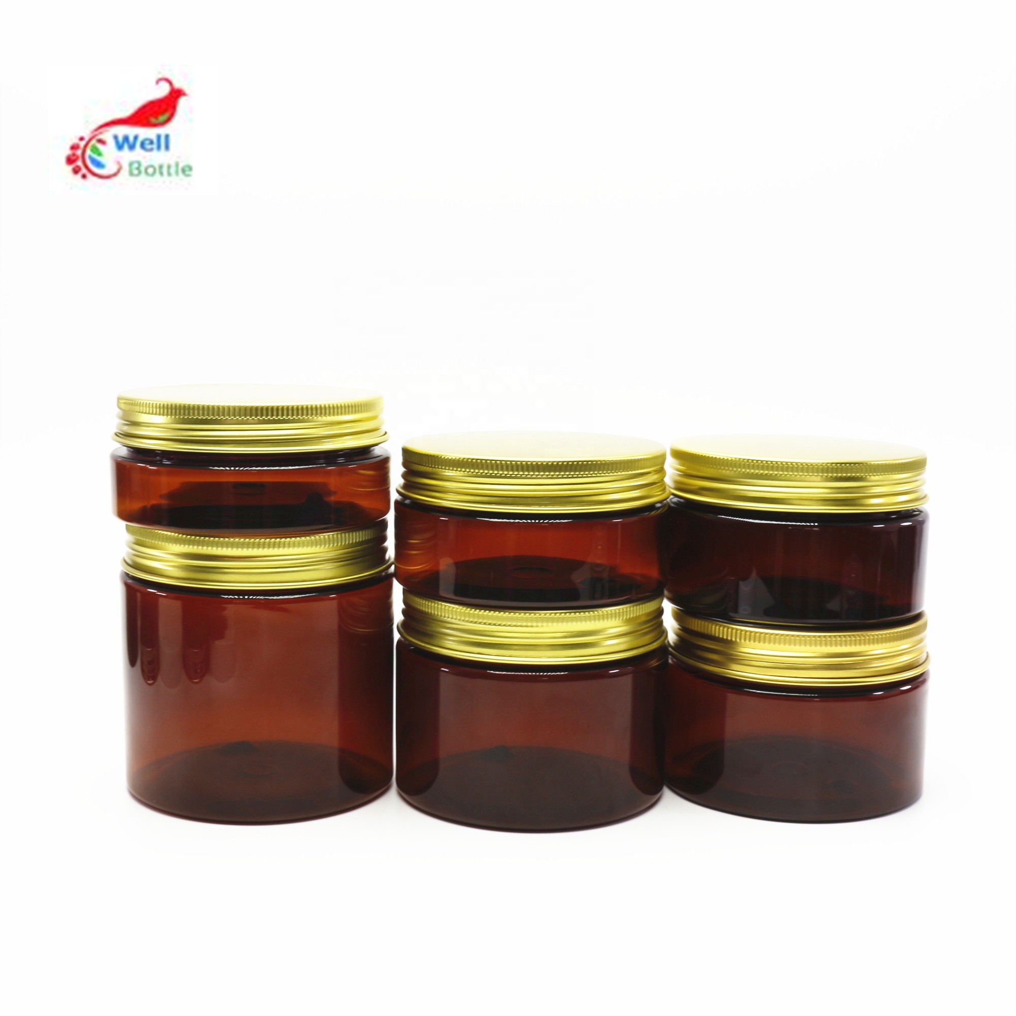 hot seal 100ml 120 ml, 150ml amber PET jar with gold aluminium lids in stock PL-33K