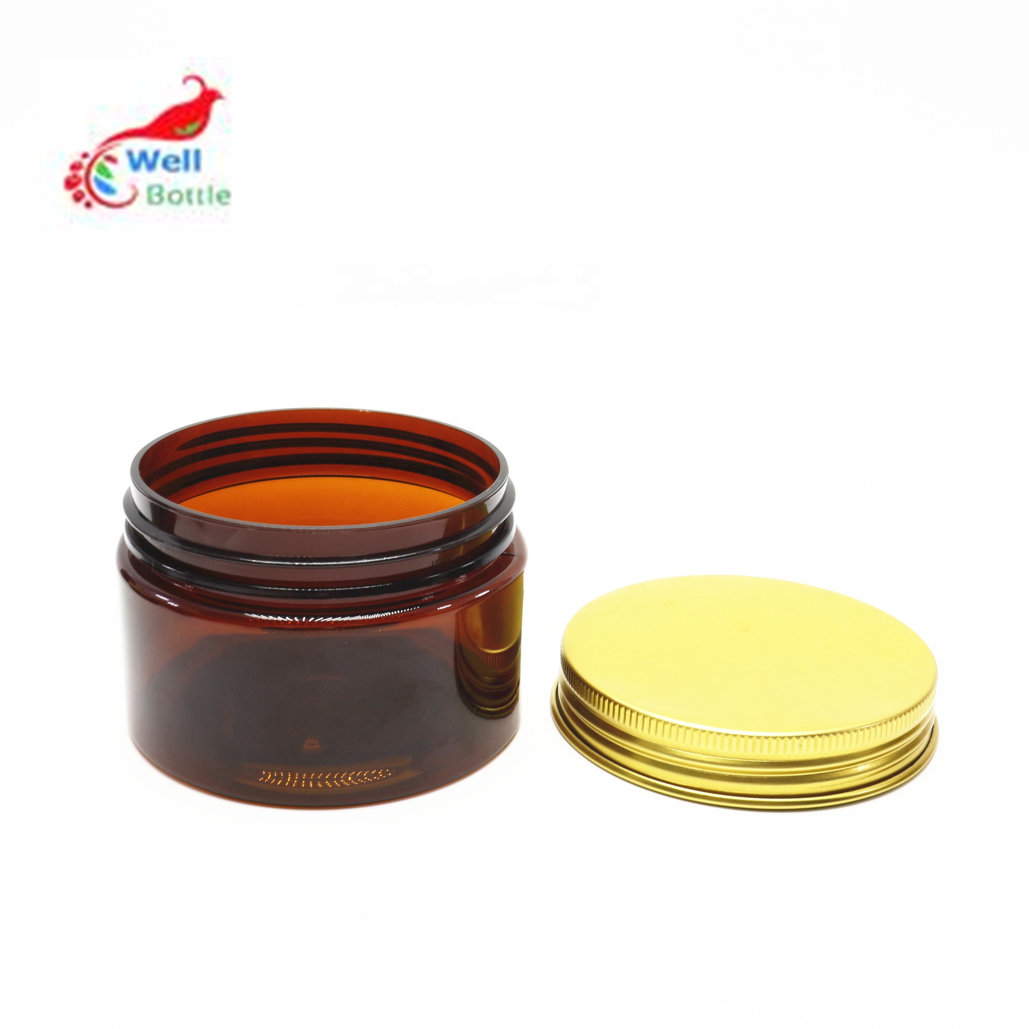 hot seal 100ml 120 ml, 150ml amber PET jar with gold aluminium lids in stock PL-33K