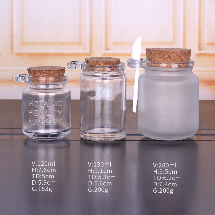 hot sell 100ml 250ml 300ml round sea salt cosmetic glass cork bottle jar with wooden spoon