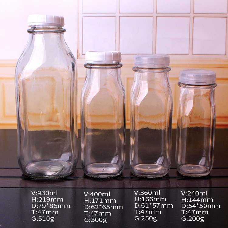 hot sell 250ml 350ml 400ml 1000ml square shape empty glass bottle for milk juice beverage water with plastic screw cap
