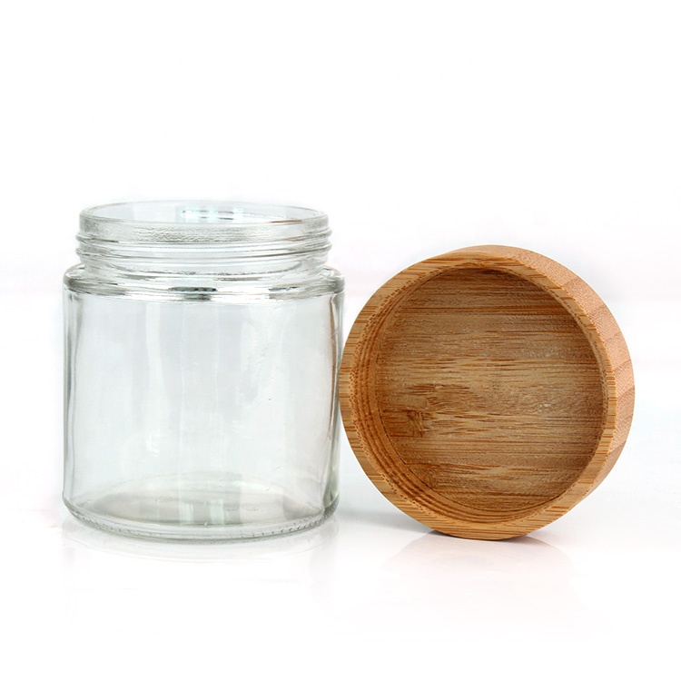 hot sell 300ml 10oz Clear Wide Mouth glass jar for food storage tea leaf with wooden bamboo lid
