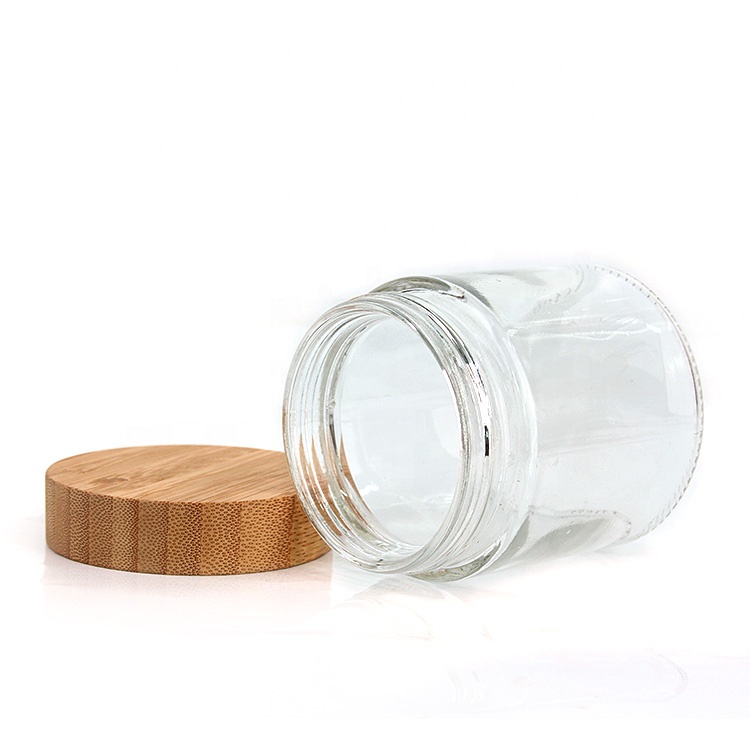 hot sell 300ml 10oz Clear Wide Mouth glass jar for food storage tea leaf with wooden bamboo lid